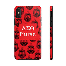 Load image into Gallery viewer, Phone Case in Red with DST Crest in Black with DST Nurse Theme
