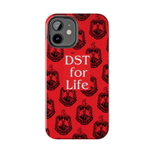 Load image into Gallery viewer, Phone Case in Red with DST Crest in Black with DST for Life in White
