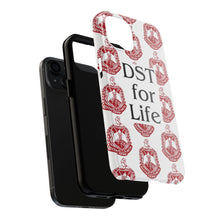 Load image into Gallery viewer, Phone Case in White with DST Crest in Red and DST for Life in Black
