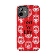 Load image into Gallery viewer, Phone Case in Red with DST Crest in White and DST for Life in Black
