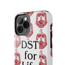 Load image into Gallery viewer, Phone Case in White with DST Crest in Red and DST for Life in Black
