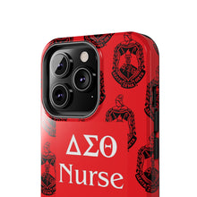 Load image into Gallery viewer, Phone Case in Red with DST Crest in Black with DST Nurse Theme
