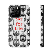 Load image into Gallery viewer, Phone Case in White with the DST Crest in Black and DST for Life in Red
