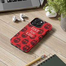 Load image into Gallery viewer, Phone Case in Red with DST Crest in Black with DST for Life in White
