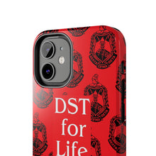 Load image into Gallery viewer, Phone Case in Red with DST Crest in Black with DST for Life in White
