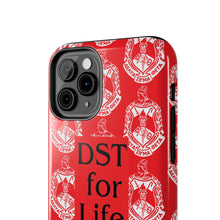 Load image into Gallery viewer, Phone Case in Red with DST Crest in White and DST for Life in Black
