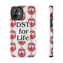 Load image into Gallery viewer, Phone Case in White with DST Crest in Red and DST for Life in Black
