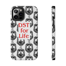 Load image into Gallery viewer, Phone Case in White with the DST Crest in Black and DST for Life in Red
