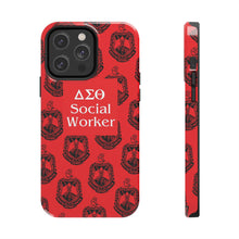 Load image into Gallery viewer, Phone Case in Red with DST Crest in Black with DST Social Worker Theme
