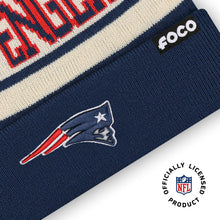 Load image into Gallery viewer, FOCO New England Patriots NFL Primary Team Logo Heritage Stripe Pom Beanie Hat, Cream
