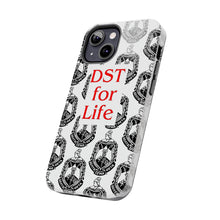 Load image into Gallery viewer, Phone Case in White with the DST Crest in Black and DST for Life in Red
