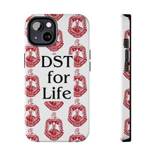 Load image into Gallery viewer, Phone Case in White with DST Crest in Red and DST for Life in Black
