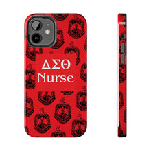 Load image into Gallery viewer, Phone Case in Red with DST Crest in Black with DST Nurse Theme
