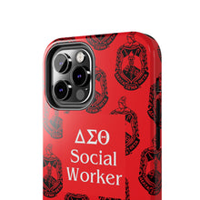 Load image into Gallery viewer, Phone Case in Red with DST Crest in Black with DST Social Worker Theme
