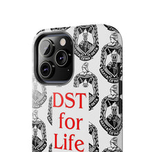 Load image into Gallery viewer, Phone Case in White with the DST Crest in Black and DST for Life in Red
