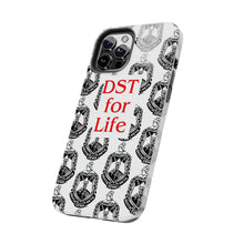 Load image into Gallery viewer, Phone Case in White with the DST Crest in Black and DST for Life in Red
