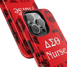 Load image into Gallery viewer, Phone Case in Red with DST Crest in Black with DST Nurse Theme
