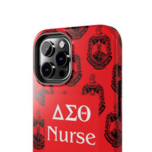 Load image into Gallery viewer, Phone Case in Red with DST Crest in Black with DST Nurse Theme
