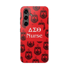 Load image into Gallery viewer, Phone Case in Red with DST Crest in Black with DST Nurse Theme
