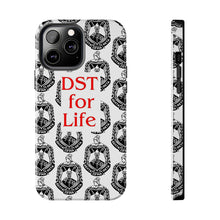 Load image into Gallery viewer, Phone Case in White with the DST Crest in Black and DST for Life in Red
