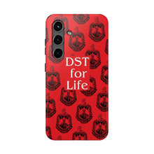 Load image into Gallery viewer, Phone Case in Red with DST Crest in Black with DST for Life in White
