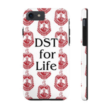 Load image into Gallery viewer, Phone Case in White with DST Crest in Red and DST for Life in Black
