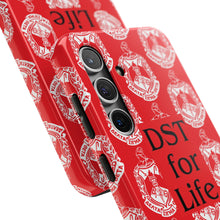 Load image into Gallery viewer, Phone Case in Red with DST Crest in White and DST for Life in Black
