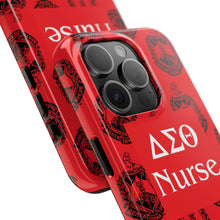 Load image into Gallery viewer, Phone Case in Red with DST Crest in Black with DST Nurse Theme
