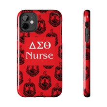 Load image into Gallery viewer, Phone Case in Red with DST Crest in Black with DST Nurse Theme
