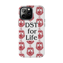 Load image into Gallery viewer, Phone Case in White with DST Crest in Red and DST for Life in Black
