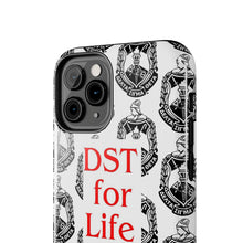 Load image into Gallery viewer, Phone Case in White with the DST Crest in Black and DST for Life in Red
