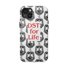 Load image into Gallery viewer, Phone Case in White with the DST Crest in Black and DST for Life in Red
