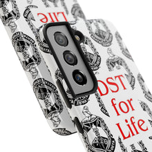 Load image into Gallery viewer, Phone Case in White with the DST Crest in Black and DST for Life in Red
