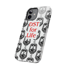 Load image into Gallery viewer, Phone Case in White with the DST Crest in Black and DST for Life in Red
