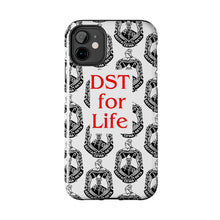 Load image into Gallery viewer, Phone Case in White with the DST Crest in Black and DST for Life in Red
