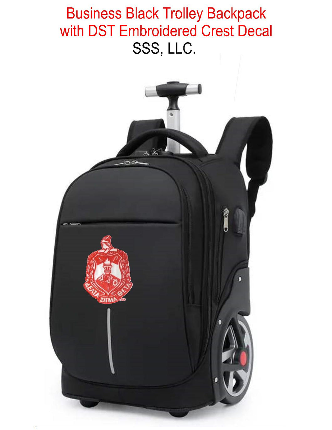 Trolley Backpack with large wheels, collapsible metal handle, and DST embroidered crest decal