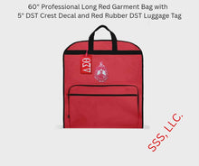 Load image into Gallery viewer, Professional 60" Red Garment Bag with Embroidered 5" DST Crest Decal and Rubber DST Luggage Tag
