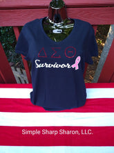 Load image into Gallery viewer, Black Tee with Bling DST Survivor &amp; Cancer Ribbon theme
