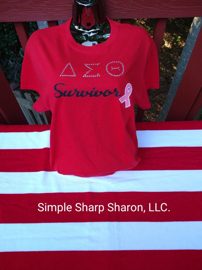 Red Tee with Bling DST Survivor & Bling Cancer Ribbon theme Theme