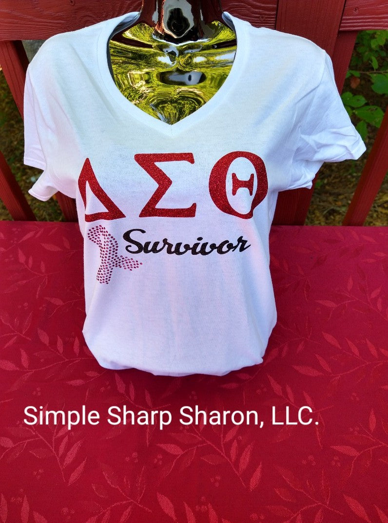 White tee with DST Survivor & Cancer ribbon theme