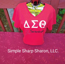 Load image into Gallery viewer, Red Tee with DST Survivor &amp; Cancer Ribbon theme

