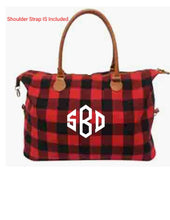 Load image into Gallery viewer, Diamond Monogramned Red and Black Buffalo Plaid Weekend Bag
