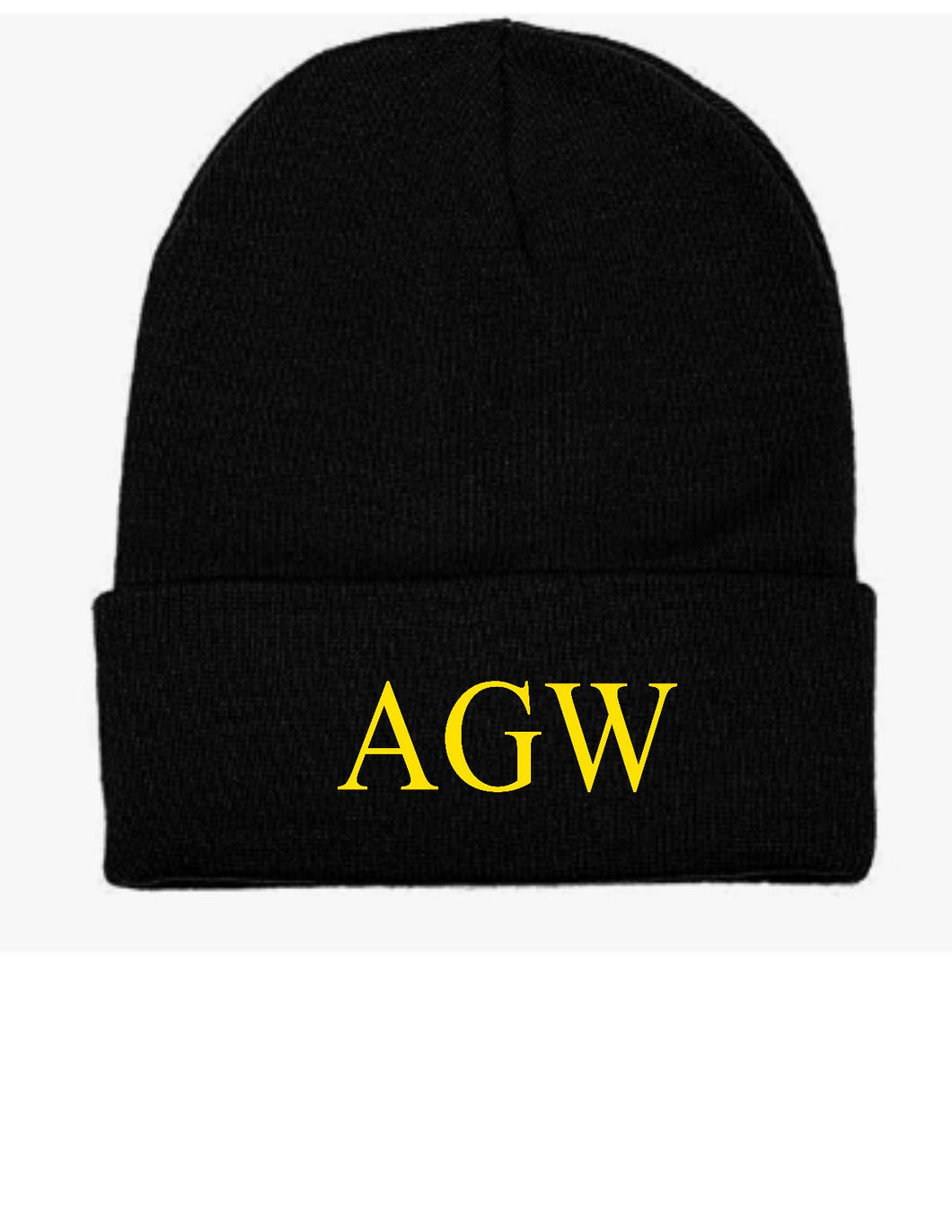 Black Beanie with AGW embroidered in yellow gold thread