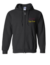 Load image into Gallery viewer, Black Zippered Hoodie with AGWTP embroidery in maroon and yellow gold thread
