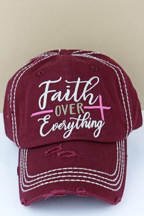 Faith Over Everything Maroon Distressed Cap