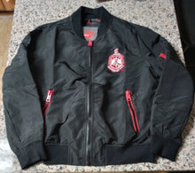 Load image into Gallery viewer, DST Satin Bomber Jacket with Embroidered Fortitude on Back

