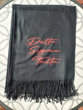 Load image into Gallery viewer, Black Pashmina Wool Blend Scarf with DST theme
