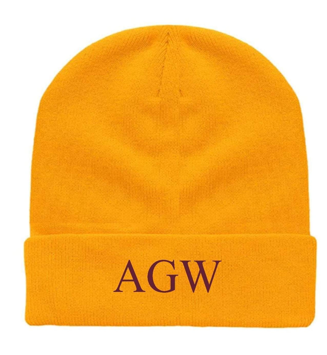 Yellow Gold Beanie with AGW embroidered in burgundy thead