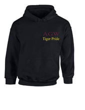 Load image into Gallery viewer, Black Hoodie with AGWTP embroidery in maroon and yellow gold thread
