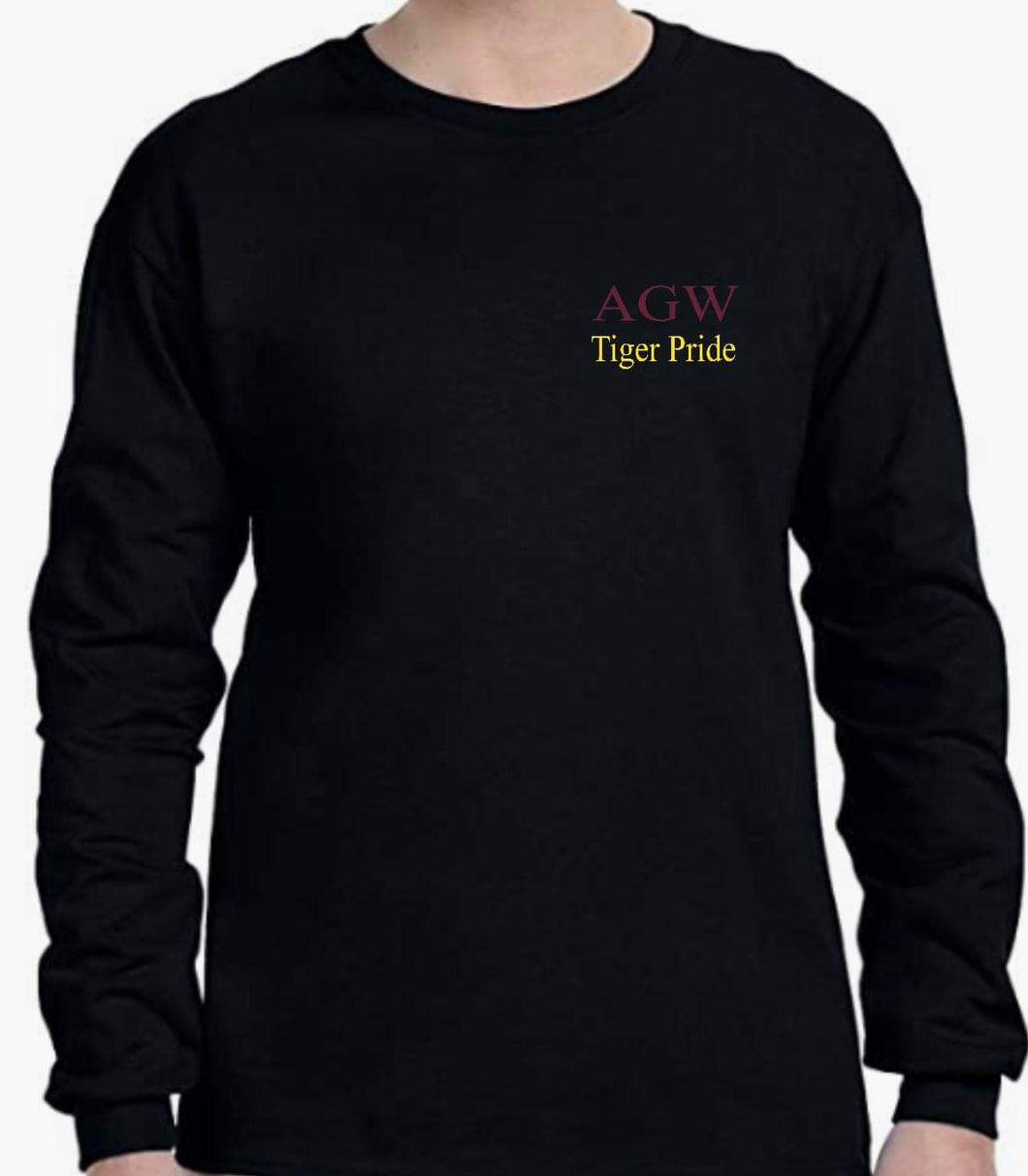 Black Long Sleeve Shirt with AGW embroidery in maroon thread and Tiger Pride in yellow gold